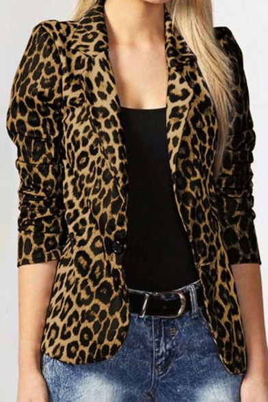 Unique Womens Blazers Leopard Printed Notched Lapel One Button Long Sleeve Slim Suit Jacket