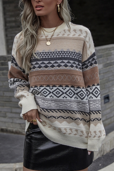 Vintage Womens Sweater Plaid Round Neck Long Sleeve Slim Cut Sweater