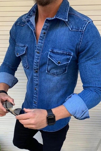 Basic Men's Jacket Plain Long Sleeve Button Closure Pocket Lapel Collar Fitted Denim Jacket