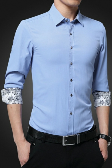 Basic Mens Shirt Floral Lining Long Sleeve Turn-down Collar Slim Fit Button Shirt