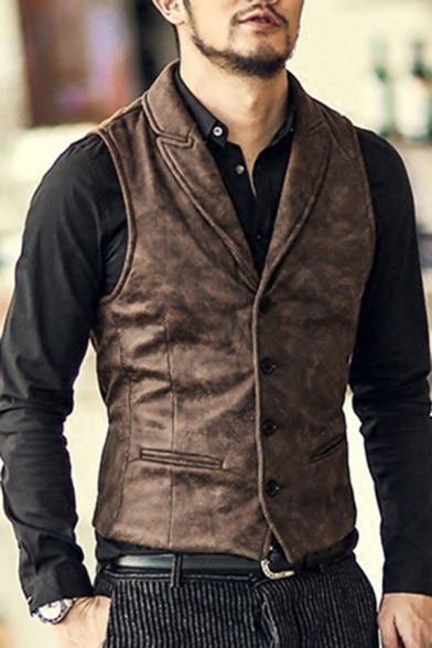 Casual Suit Vest Solid Color Slim Fitted Sleeveless Lapel Collar Button Placket Suit Vest for Boys