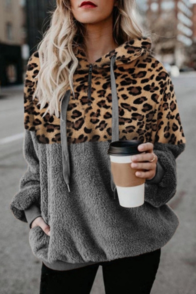Casual Womens Hoodie Leopard Pattern Drawstring 1/4 Zip Design Long Sleeve Thick Hoodie