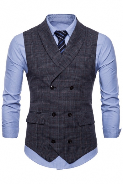 Cozy Mens Suit Vest Pure Color Pocket Detailed V-Neck Skinny Double Breasted Suit Vest