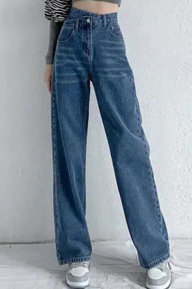 Creative Womens Jeans Washed Zipper Fly High Waist Crossover Long Straight Jeans