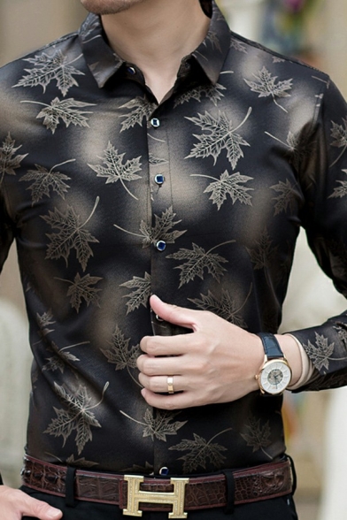 Guy's Boyish Leaf Pattern Turn-down Collar Slim Fit Long Sleeves Button Down Shirt