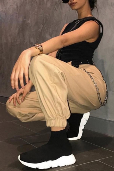 Ladies Street Looks Pants Plain High Waist Elastic Cuffs Ankle Length Tapered Pants with Chain