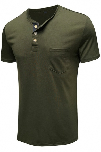 Men's Casual T-Shirt Solid Color Short Sleeve Button Detail Henry Collar Regular Fit T-Shirt