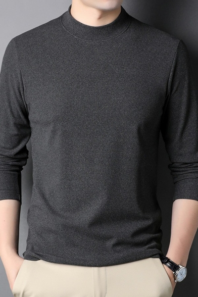 Men's Simple T-Shirt Pure Color Long Sleeve Mock Neck Regular Fit T-Shirt