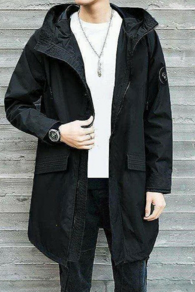 Mens Trench Coat Trendy Plain Long Sleeve Zip up Loose Fit Trench Coat with Hood