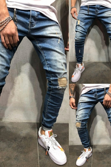 Modern Mens Jeans Medium Wash Zipper Placket Full Length Skinny Fit Jeans
