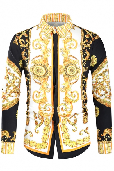 Retro Mens Shirt Ethnic Floral Print Long Sleeve Point Collar Regular Fit Button Shirt