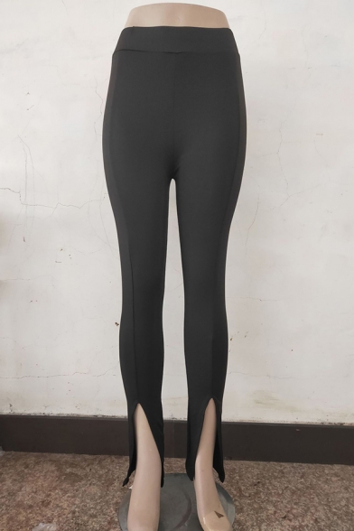 Simple Ladies Pants Solid Elastic Waist Mid Rise Split Hem Slim Bootcut Pants