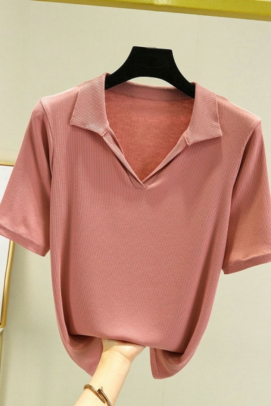 Simple Ladies Polo Shirt Solid V-Neck Short Sleeve Oversized Polo Shirt