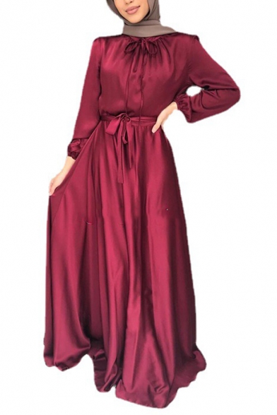 Simple Womens Dress Plain Color Stand Collar Long Sleeve Bow Detail Maxi A-Line Dress
