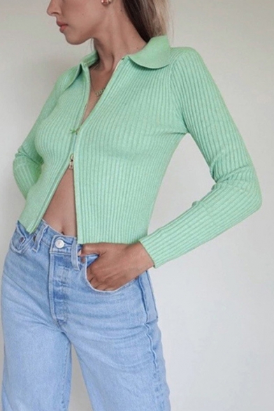 Stylish Knit Top Solid Color Lapel Zip Up Long Sleeve Slim Fitted Crop Knit Top for Women