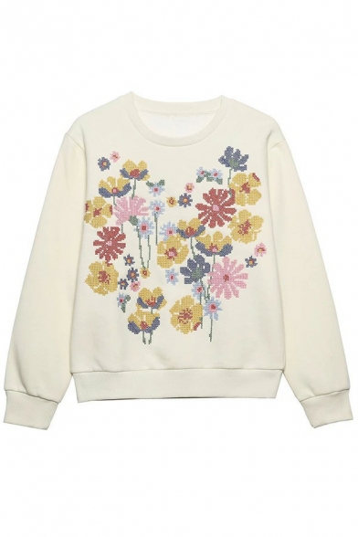 Stylish Ladies Sweatshirt Floral Embroidery Round Neck Long Sleeve Relaxed Sweatshirt