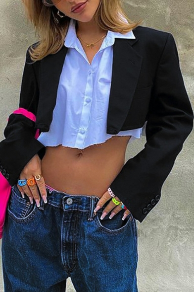 Stylish Womens Crop Blazer Notched Lapel Collar Regular Fit Blazer in Black