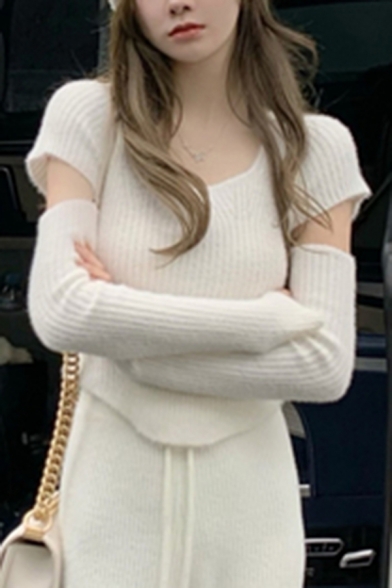 Stylish Womens Sweater Solid Color Square Neck Long Detachable Sleeve Slim Fit Sweater