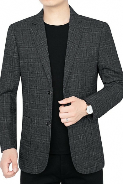 Trendy Blazer Plaid Print Lapel Collar Long Sleeve Slim Double Buttons Suit Jacket for Men