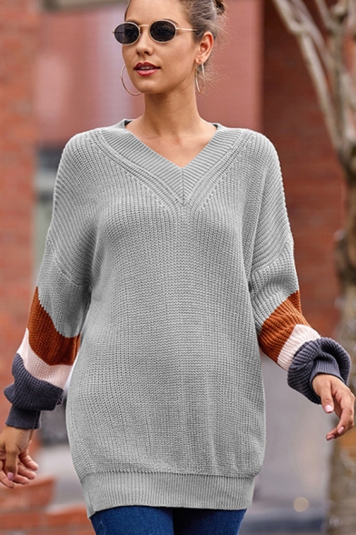 Trendy Womens Sweater Color Block V-Neck Long Puff Sleeve Relaxed Fit Sweater
