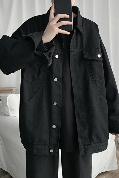Urban Boy's Denim Jacket Plain Button Closure Spread Collar Loose Fit Jacket