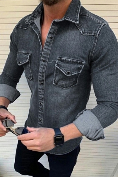 Urban Jacket Plain Button Closure Long Sleeve Spread Collar Denim Jacket for Men