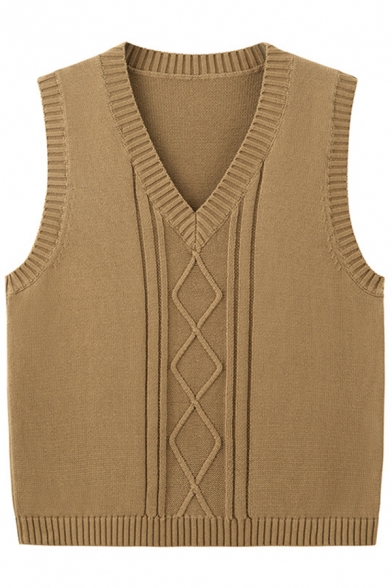 Boyish Girls Sweater Vest Solid Cable Knit V-Neck Sleeveless Straight Fit Vest