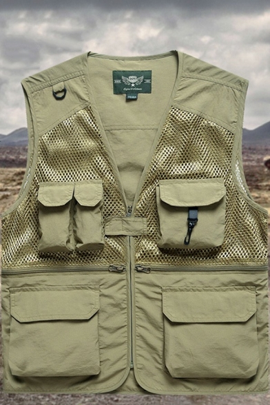 Breathable Men Vest V-neck Pure Color Gauze Zip Closure Regular Fit Vest with Pocket