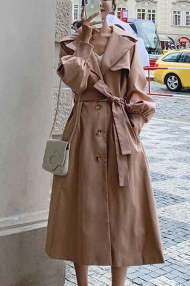 Casual Ladies Trench Coat Plain Notched Lapel Single Breasted Bow Tied Waist Long Puff Sleeve Long Slim Trench Coat