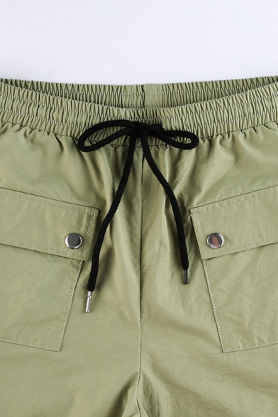 Chic Ladies Pants Solid Elastic Waist Drawstring Flap Pockets Split Hem Mid Rise Straight Pants
