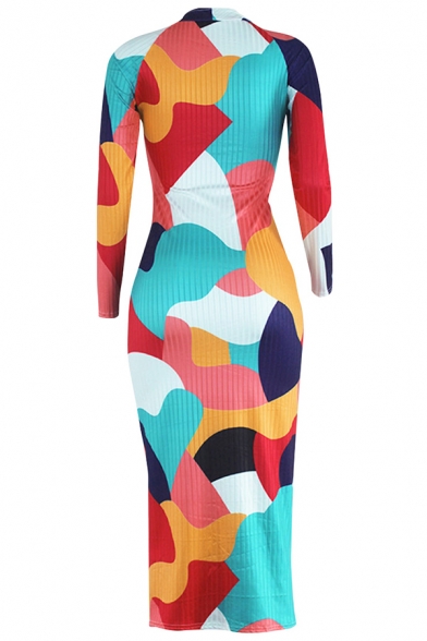 Colorful Womens Midi Dress Contrast Panel Criss Cross Hollow Dress