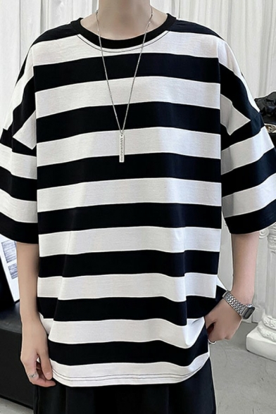 Dashing Boys T-Shirt Stripe Pattern Half Sleeve Round Neck Loose Fit T-Shirt