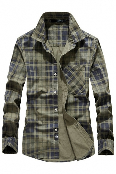 Fashionable Shirt Plaid Print Chest Pocket Button-up Long Sleeve Notched Collar Fitted Shirt for Men