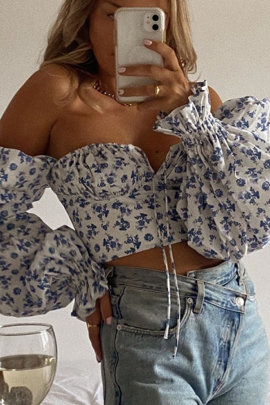 Girls Trendy Blouses All over Floral Print Off the Shoulder Long Puff Sleeve Slim Shirt