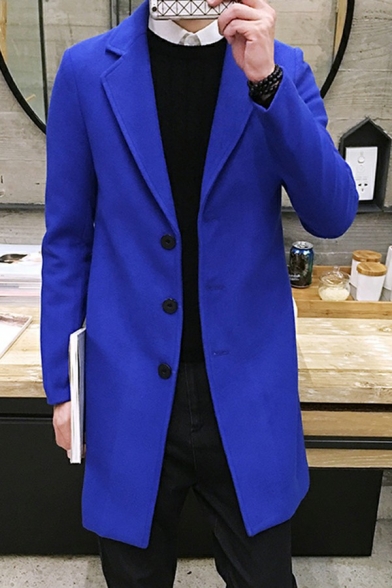 Guys Freestyle Coat Pure Color Pocket Fitted Long Sleeves Button Fly Lapel Collar Coat