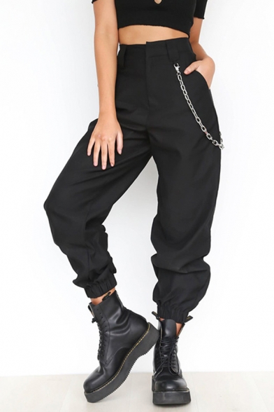 Ladies Street Looks Pants Plain High Waist Elastic Cuffs Ankle Length Tapered Pants with Chain