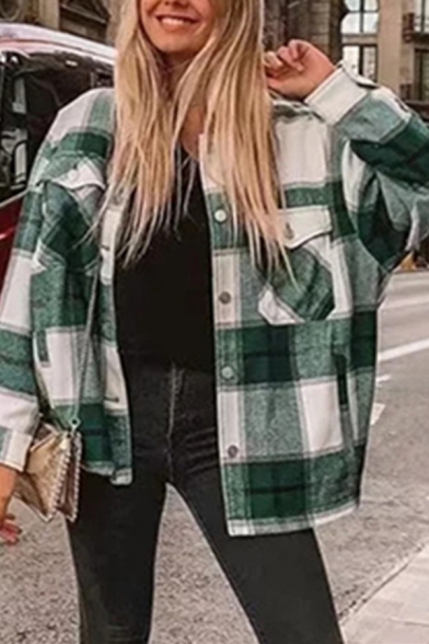 Leisure Ladies Jacket Checked Print Spread Collar Chest Pockets Long Sleeve Button Fly Oversized Jacket