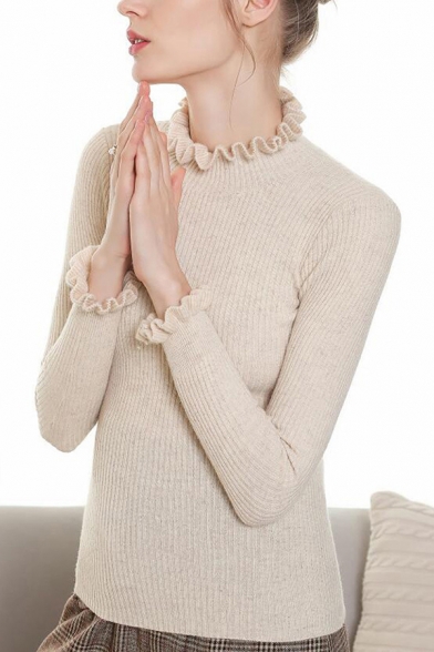 Leisure Ladies Sweater Plain Mock Neck Ruffle Detail Long Sleeve Slim Sweater