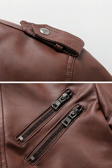 Men Cool Jacket Pure Color Zipper Designed Hooded Long Sleeves Slim Zip Fly Leather Jacket