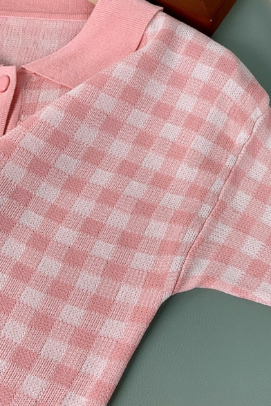 Normal Ladies Polo Shirt Turn Down Collar Plaid Pattern Short Sleeve Regular Fit Knit Polo Shirt