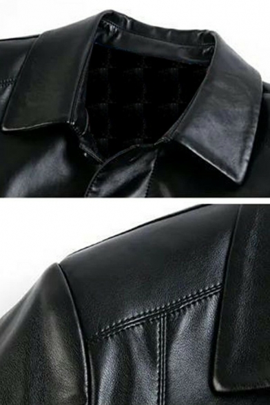 Popular Guys Jacket Plain Long Sleeves Knee Length Relaxed Zipper Spread Collar PU Jacket