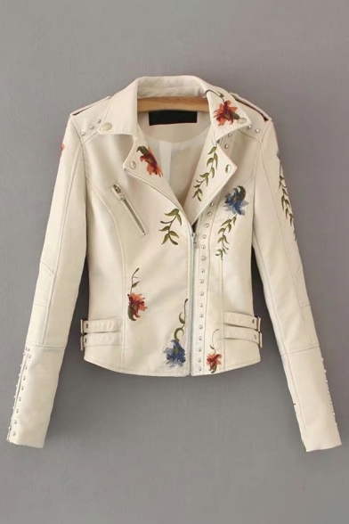 Retro PU Jacket Notched Lapel Collar Flower Embroidery Rivet Detail Zipper Down Slim Fit Long Sleeve PU Jacket for Women