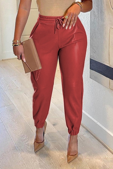Retro Womens PU Pants Solid Color Drawstring Waist High Rise Elastic Cuffs Tapered Pants