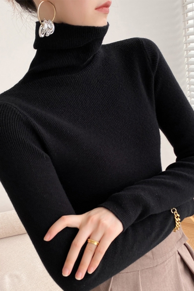 Simple Womens Knit Top Plain High Neck Slim Fit Long Sleeve Ribbed Knit Top