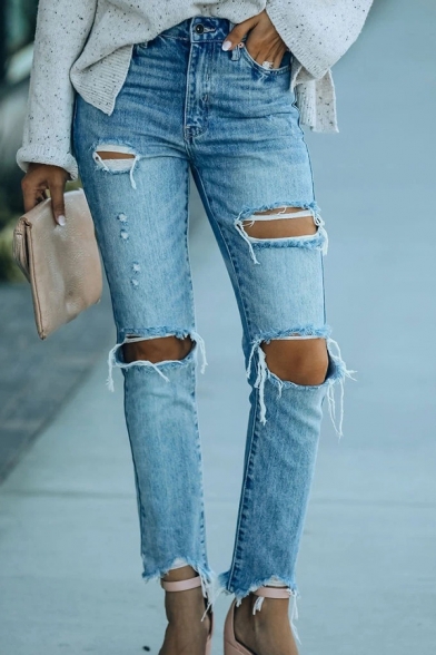 Street Style Girls Jeans Midwash Blue Zip Fly High Rise Distressed Hole Ankle Length Straight Jeans
