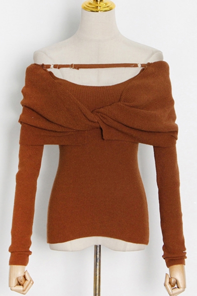 Stylish Ladies Sweater Plain Off the Shoulder Bow Detail Long Sleeve Slim Cropped Sweater
