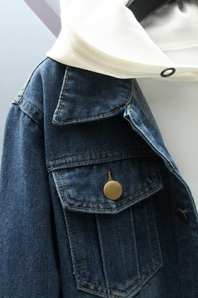 Trendy Guys Jacket Plain Button Closure Long Sleeve Spread Collar Denim Jacket