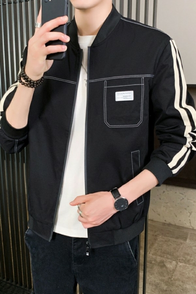 Trendy Mens Jacket Contrast Stripe Pocket Stand Collar Regular Fit Bomber Baseball Jacket
