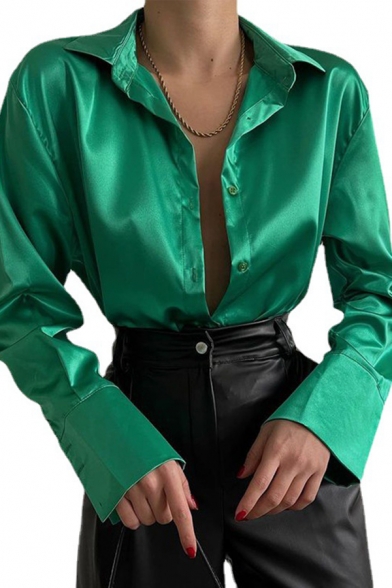 Trendy Womens Shirt Plain Color Button Down Long Sleeve Relaxed Fit Spread Collar Shirt
