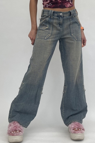 Vintage Womens Jeans Faded Wash Zip Fly Buckle Detail Loose Fit Long Straight Boyfriend Jeans with Pockets